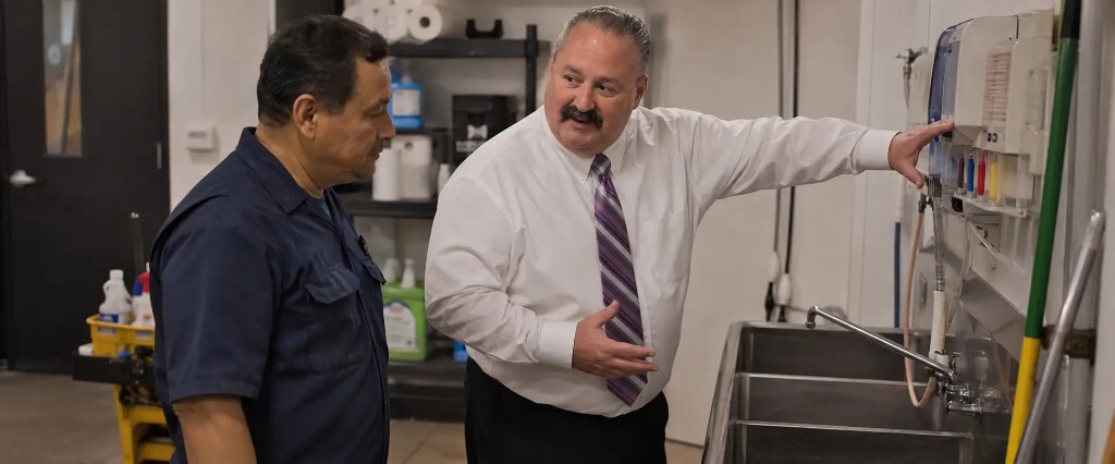 Greg and a custodian at a mop sink, mid-explanation