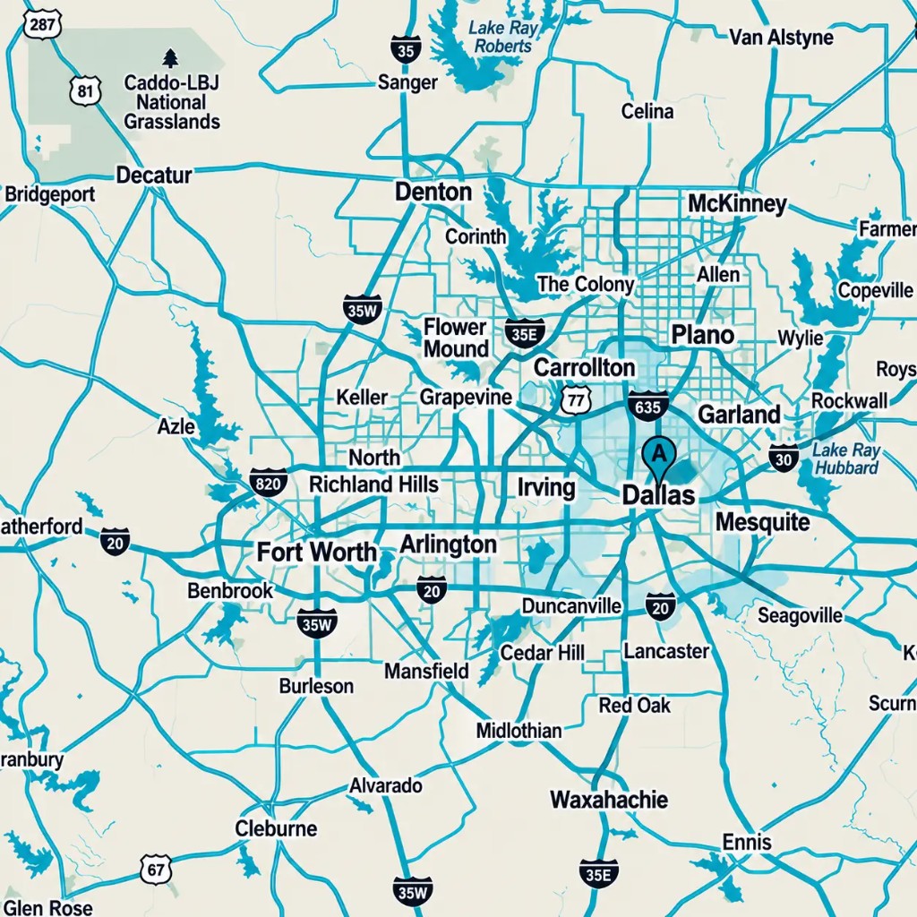 Map of Greg's Dallas–Fort Worth service area