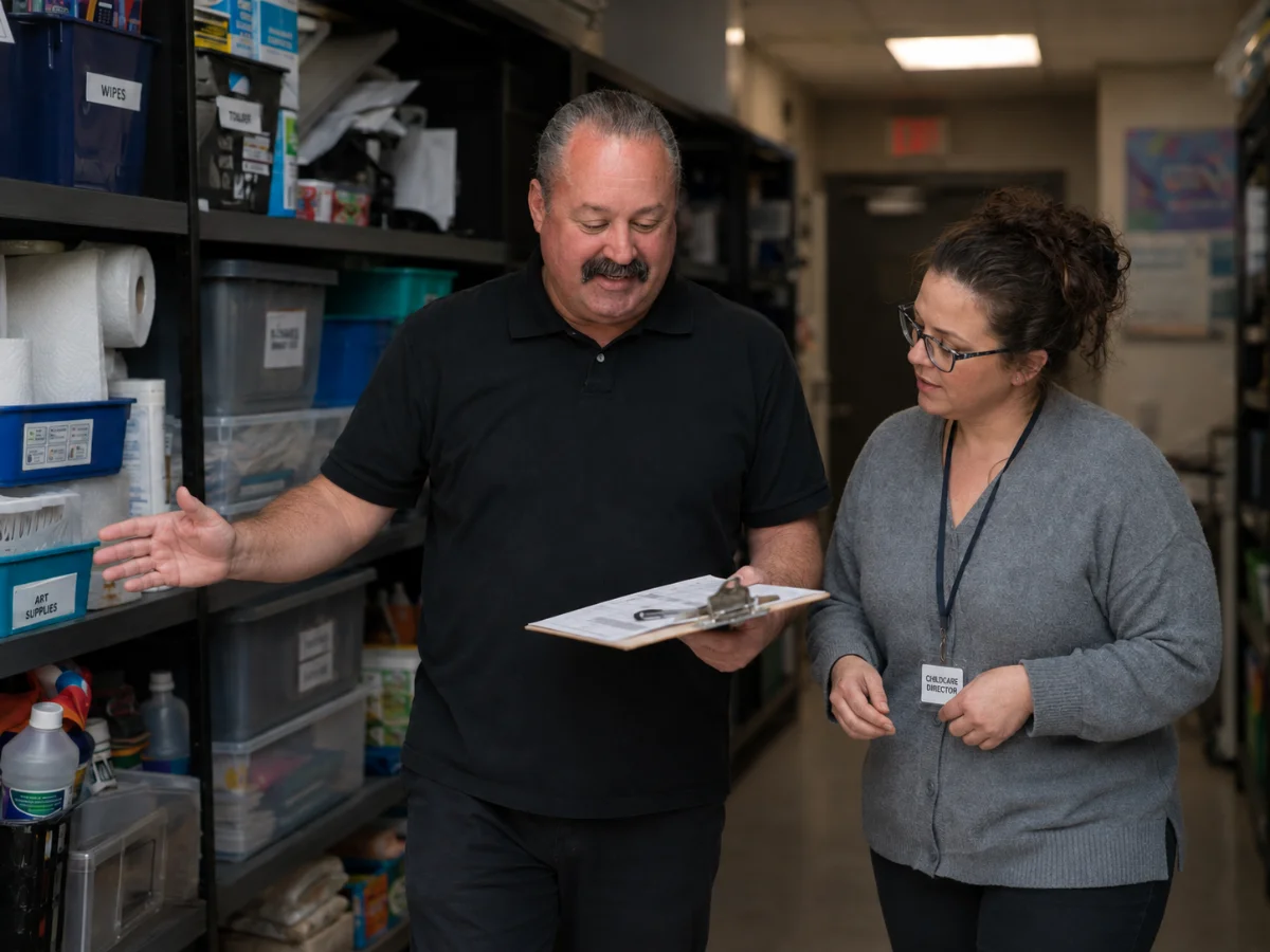 Greg walking a childcare director through a supply closet audit. Documentary, natural light, no scrim needed — the dark field is the treatment.