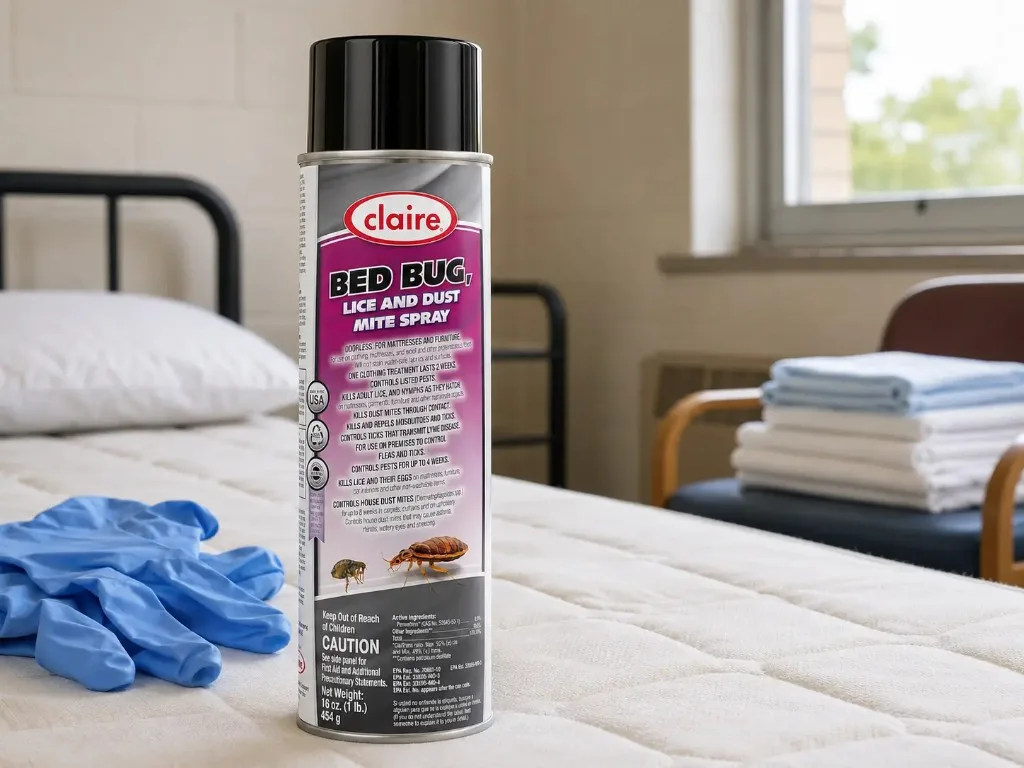 BED BUG, LICE AND DUST MITE SPRAY 16 oz aerosol can on a stripped mattress in an unoccupied bedroom