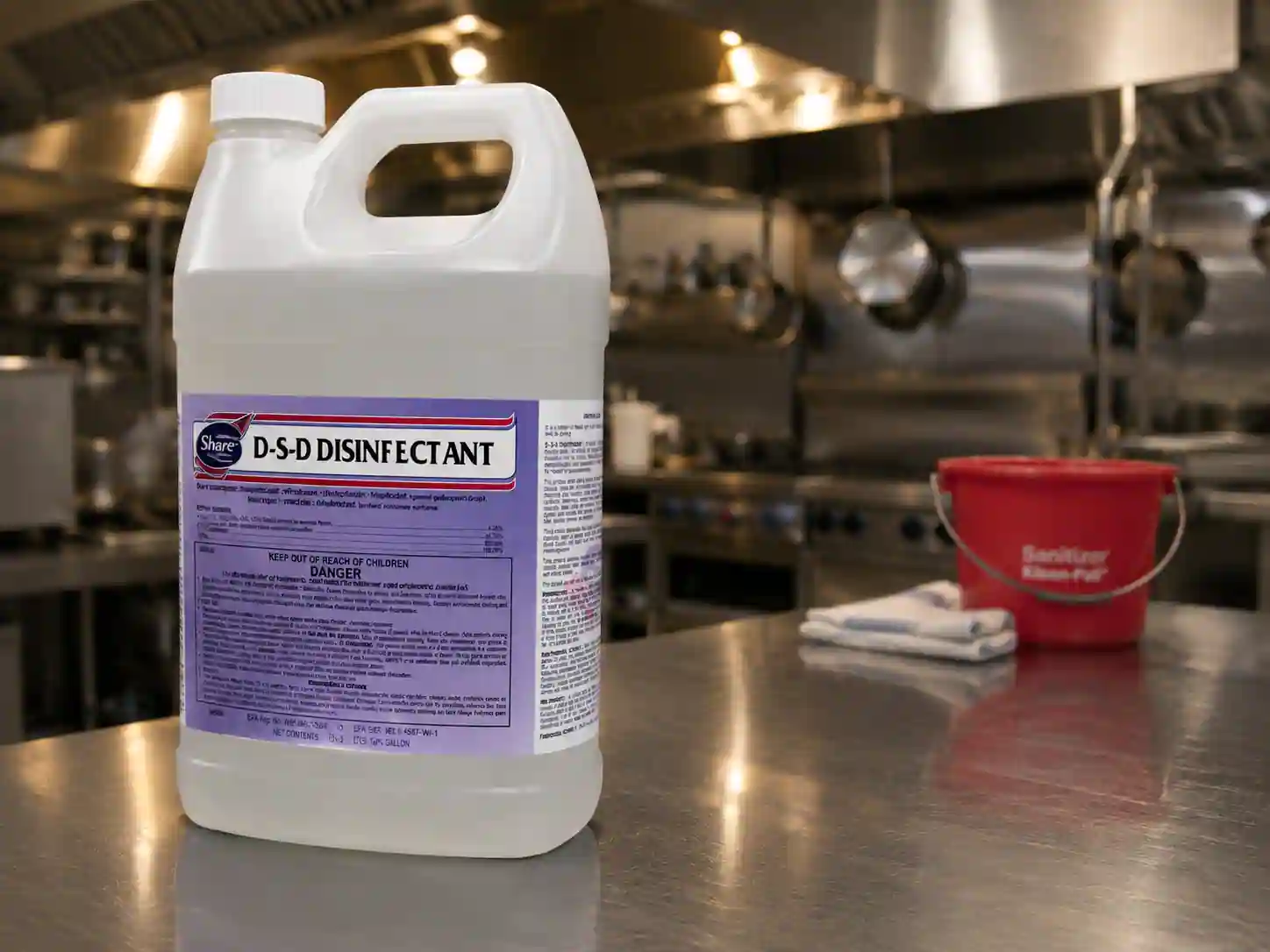 D-S-D DISINFECTANT concentrate container beside a mop bucket in a commercial kitchen, with a stainless three-compartment sink behind it