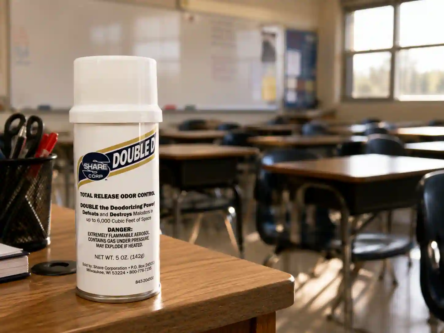 DOUBLE D 5 oz total-release aerosol can standing upright on a raised surface in the middle of an empty closed room