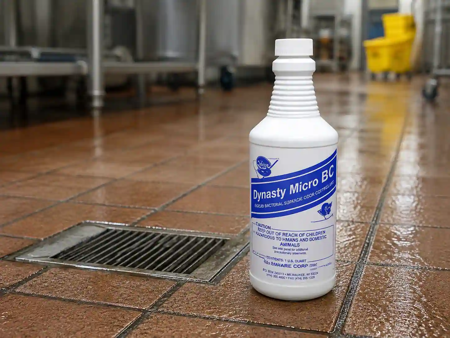 DYNASTY MICRO BC one-quart bottle on a tiled restroom floor next to a floor drain