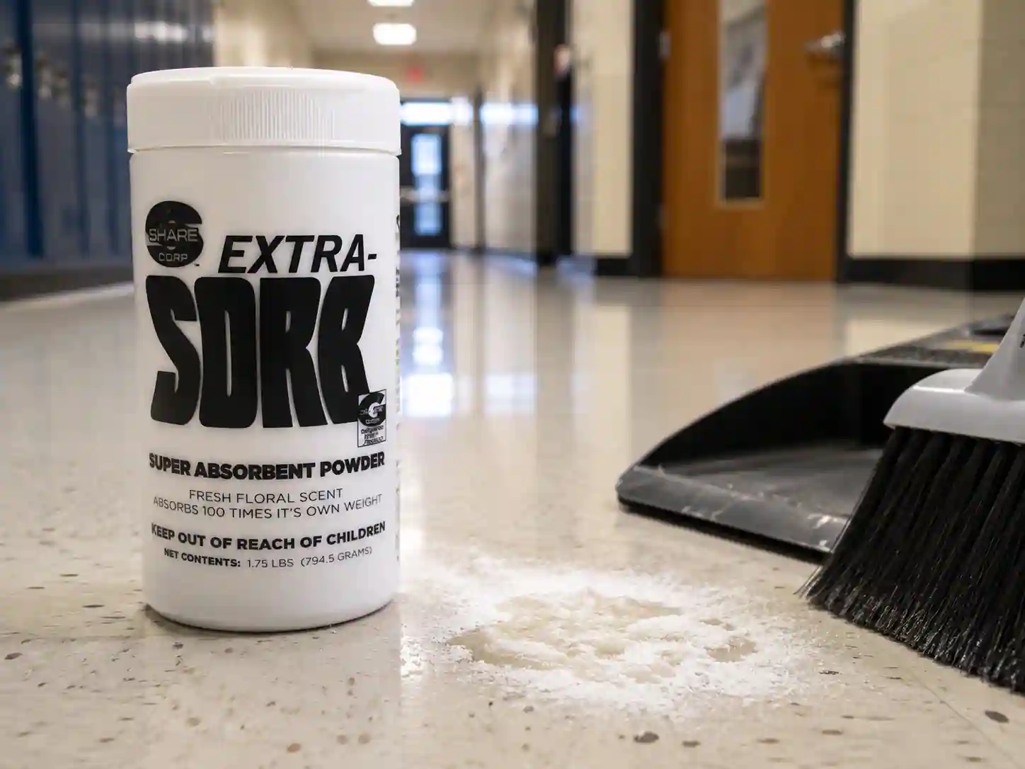 EXTRA-SORB 1.75 lb shaker-style container of absorbent powder standing on a tile floor next to a broom and dust pan
