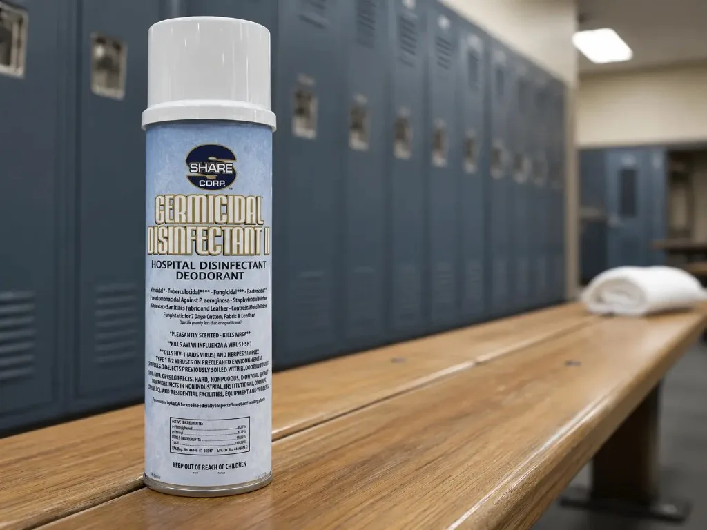 GERMICIDAL DISINFECTANT II 16.5 oz aerosol can standing on a locker room bench next to athletic mats