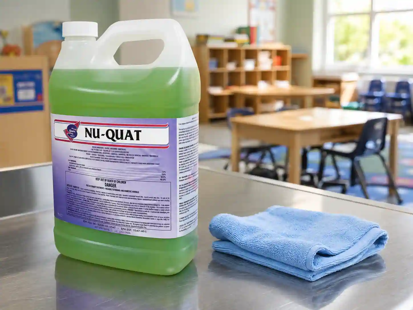 NU-QUAT concentrate container on a counter in a childcare classroom, with a mop bucket and a spray bottle nearby