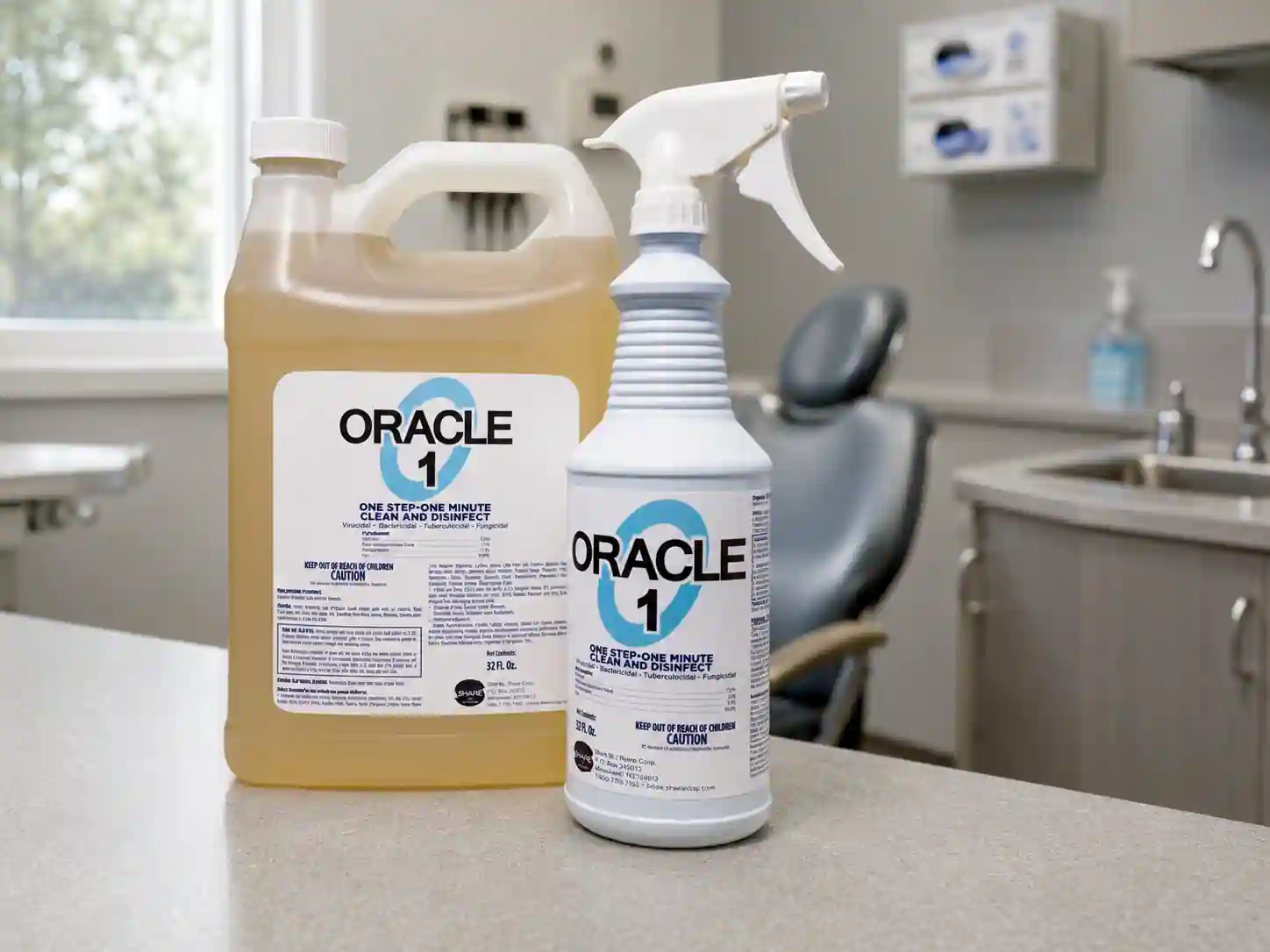 ORACLE 1 ready-to-use spray bottle on a classroom desk next to a folded cloth, with student chairs in the background