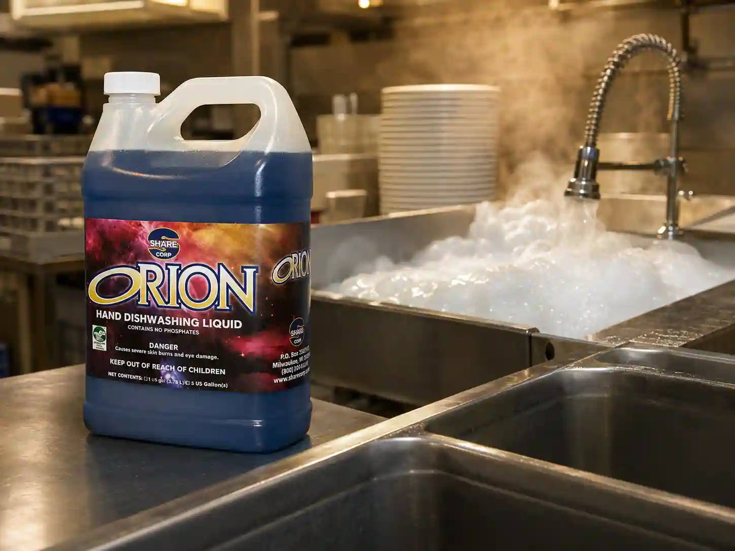 ORION one-gallon bottle of hand dishwashing liquid on the edge of a stainless three-compartment sink in a commercial kitchen