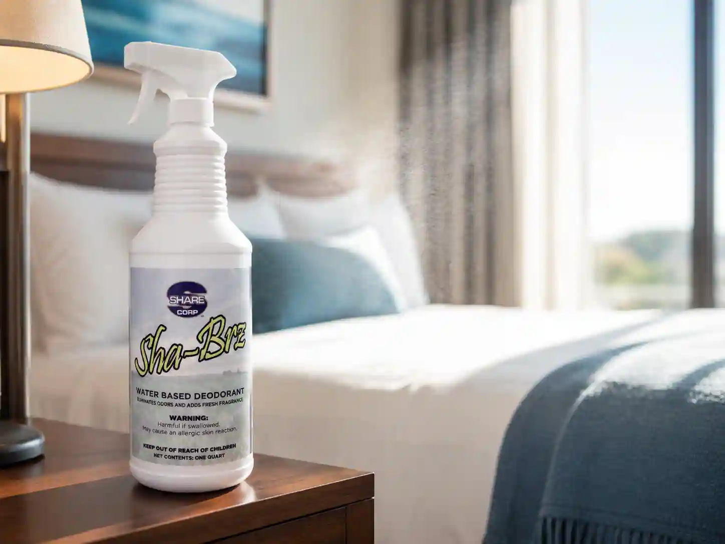 SHA-BRZ one-quart spray bottle on a carpeted floor beside an upholstered chair in a locker room