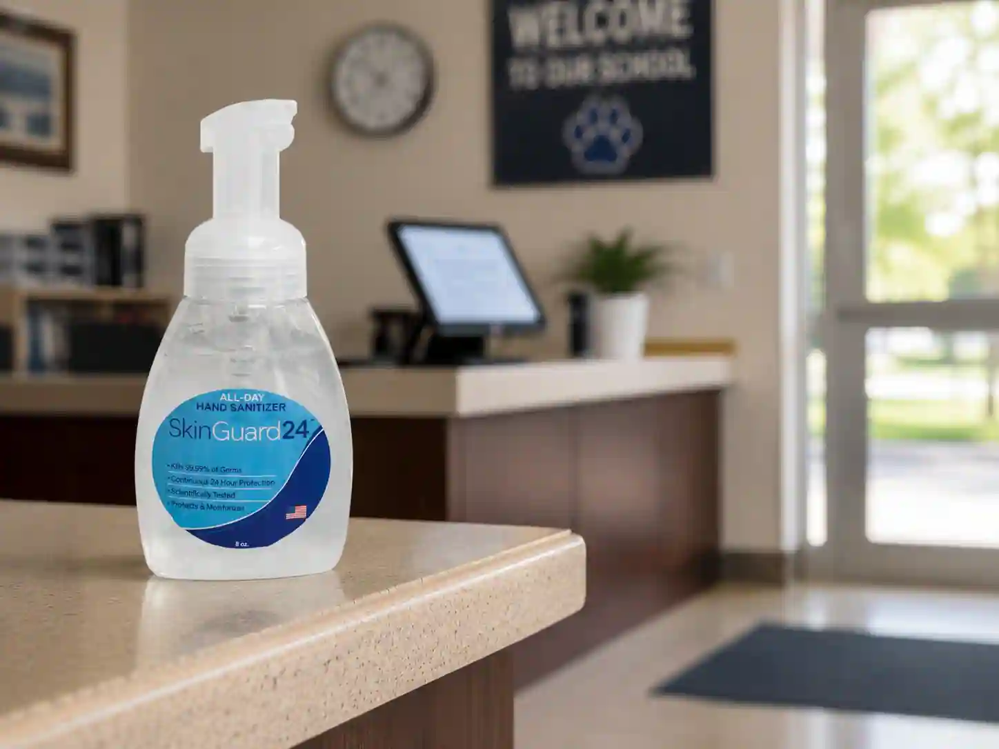 SKINGUARD 24 hand sanitizer bottle on a counter beside a sink in a school front office, with a staff member's hands nearby