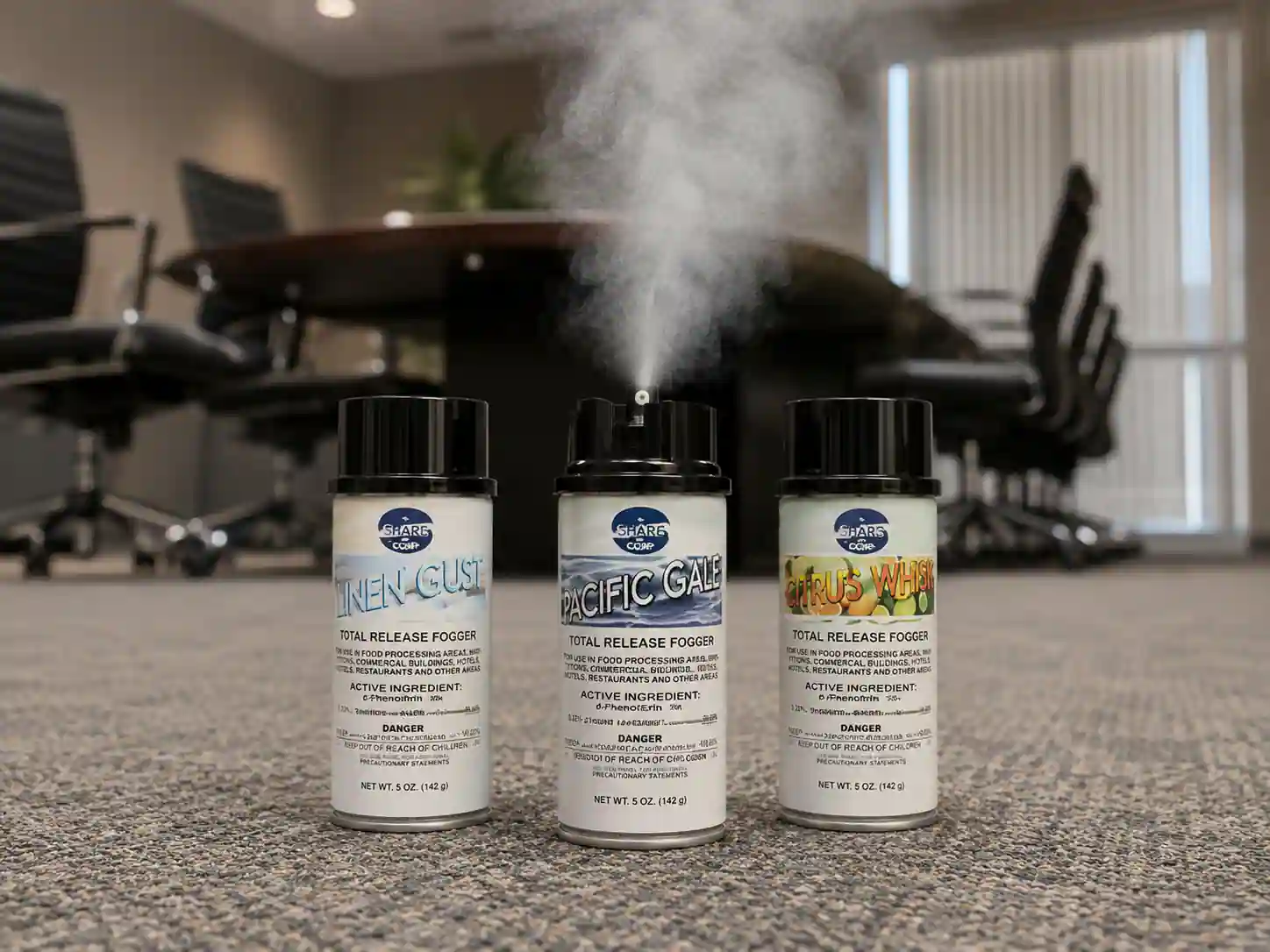 TOTAL RELEASE FOGGER 5 oz aerosol can standing upright on the floor in the center of an empty room with the door closed