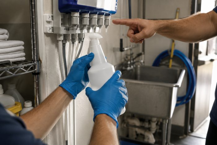staff training, gloved hands, dilution station