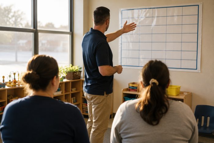 Greg with a wall chart, classroom